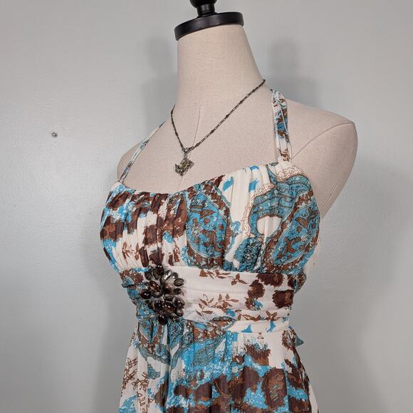 Vintage Babydoll Midi Dress 8 Blue Brown Fairy Grunge Halter Floral Handkerchief - Picture 8 of 16